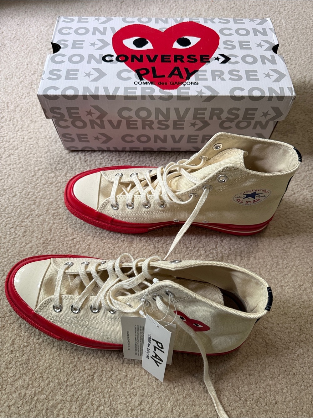 Converse Play Comme des Garçons High Top Sneakers Cream and Red